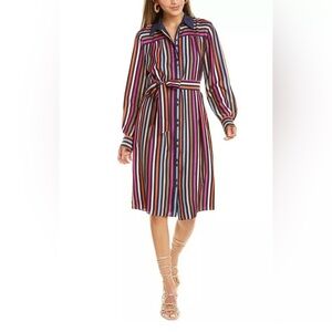 NWOT Trina Turk Lamarr Striped Shirt Dress Tie Waist Silk Blend Womens size 8